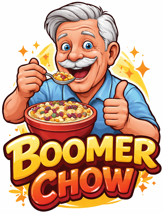 BoomerChow mascot in a skeptical approval pose.