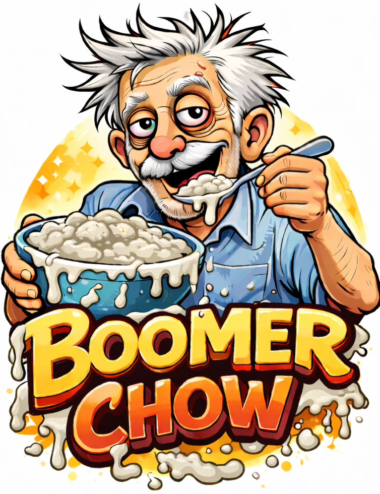 BoomerChow mascot in a confused but committed reaction pose.